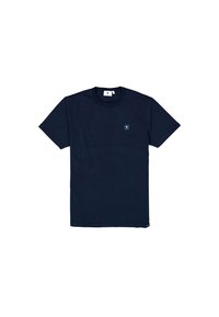 Marineblauwe katoenen t-shirt met een ronde hals, korte mouwen en een klein logolabel op de borst. Effen kleur, gladde textuur, klassieke pasvorm.