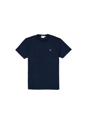 Navy blue cotton t-shirt with a crew neck, short sleeves, and a small logo tag on the chest. Solid color, smooth texture, classic fit.