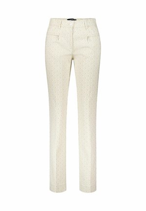 Crème kleurige slim-fit broek met subtiel geometrisch patroon, voorzijde met knoop- en ritssluiting en zij-inzetzakken, weergegeven op een witte achtergrond.