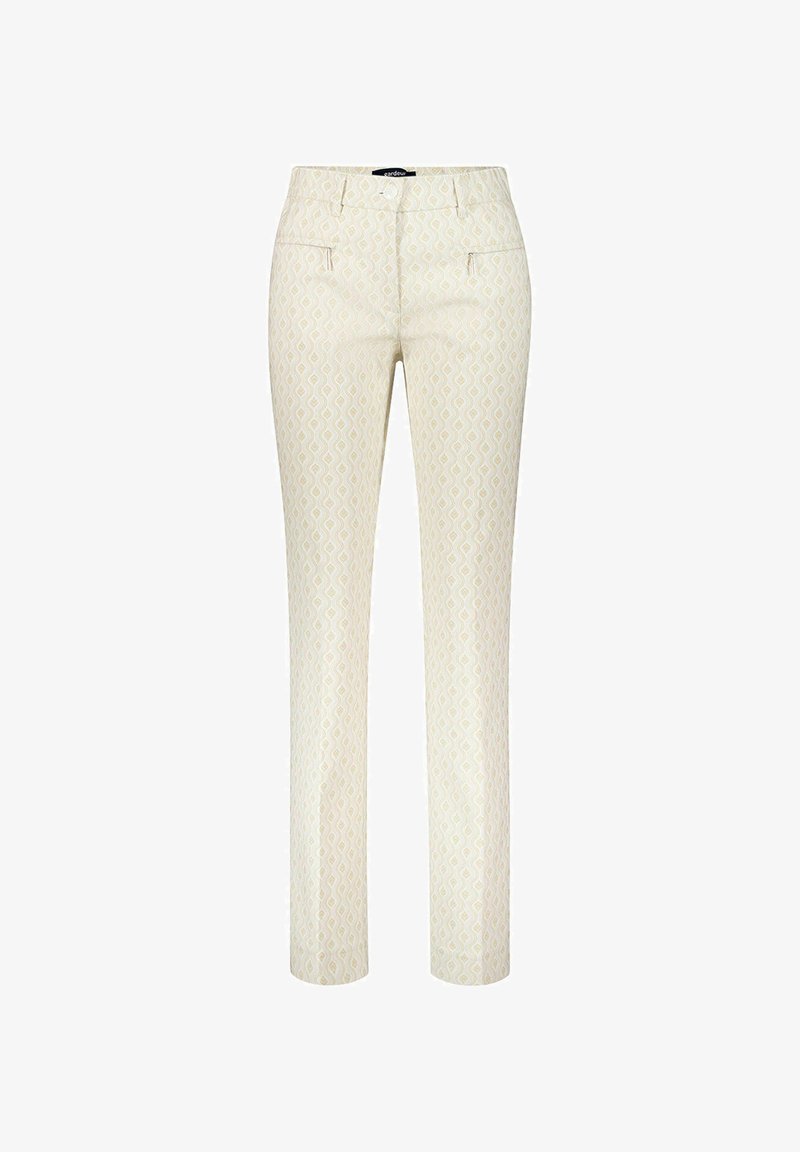 Crème kleurige slim-fit broek met subtiel geometrisch patroon, voorzijde met knoop- en ritssluiting en zij-inzetzakken, weergegeven op een witte achtergrond.