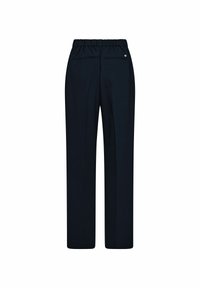 Marineblaue, leichte Hose mit elastischem Bund, zwei Gesäßtaschen, geradem Bein-Design und glatter Textur.