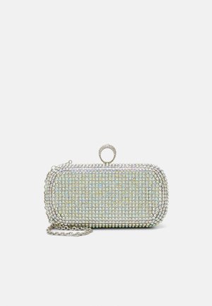 Clutch bag with a rounded rectangular shape, covered in iridescent rhinestones, featuring a silver chain strap and a circular top opening.
