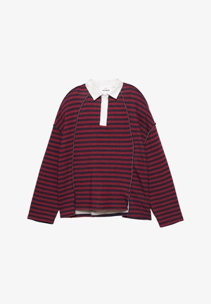 Red and navy striped long-sleeve shirt with a white collar, loose fit, and side slits. Made of soft fabric, featuring contrasting stitching.