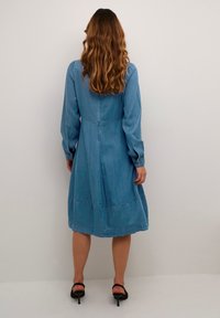 Gaiši zils džinsu kleita ar garām piedurknēm, pieguļošu augšu, platu svārku un līniju detaļu jostasvietā. Gluda tekstūra; pogām aproces.