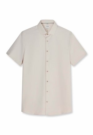 Camicia beige a maniche corte con colletto classico, sette bottoni sul davanti e texture del tessuto liscia e uniforme.