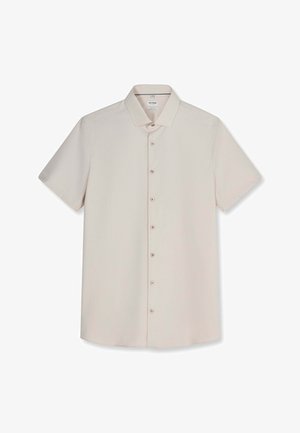 Camicia beige a maniche corte con colletto classico, sette bottoni sul davanti e texture del tessuto liscia e uniforme.