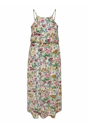 Varrukateta lilleline maksikleit peente rihmade, elastse vöökoha ja mitmevärvilise roosa, rohelise, sinise ning beeži lillemustriga kreemjal taustal.