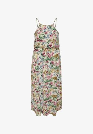 Robe longue sans manches à fleurs avec fines bretelles, taille élastique et motif floral multicolore rose, vert, bleu et beige sur fond crème.