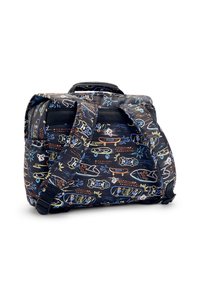 Dunkelgrauer Rucksack mit verstellbaren Trägern, der mit bunten Skateboards und Blitzmuster, die über den Stoff verteilt sind, verziert ist.