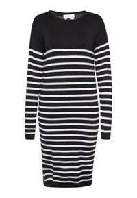 Pitkähihainen musta-valkoisiraidallinen mekko, jossa on pyöreä pääntie, slim fit -muoto ja pehmeä neulostekstuuri. Raidat ovat vaakasuoria ja tasaisesti sijoitettuja.