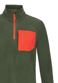 Groene pullover met ritssluiting en een textuurpatroon, met een contrasterende oranje borstzak en ritssluiting voor extra zichtbaarheid.