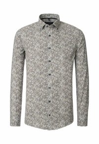 Long-sleeve button-up shirt in a white fabric with a multicolored floral pattern. Features a spread collar and blue buttons.