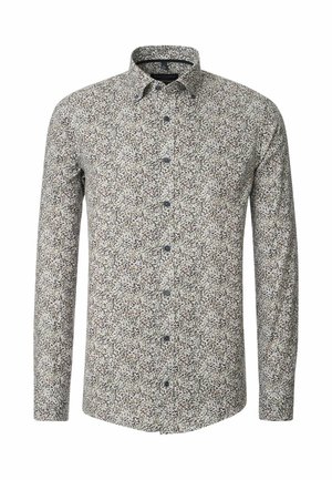 Langärmliges Hemd mit Knopfleiste aus einem weißen Stoff mit mehrfarbigem Blumenmuster. Verfügt über einen weiten Kragen und blaue Knöpfe.