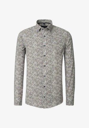 Long-sleeve button-up shirt in a white fabric with a multicolored floral pattern. Features a spread collar and blue buttons.