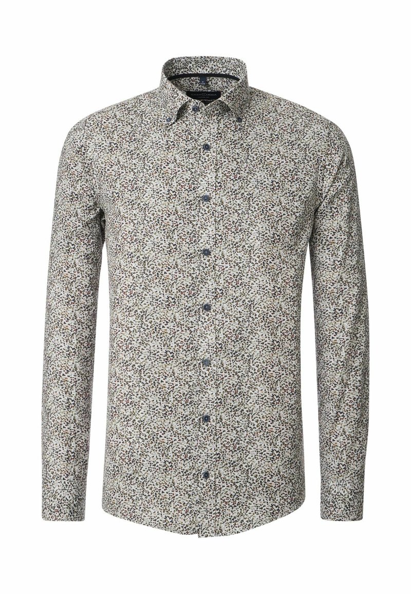 Long-sleeve button-up shirt in a white fabric with a multicolored floral pattern. Features a spread collar and blue buttons.