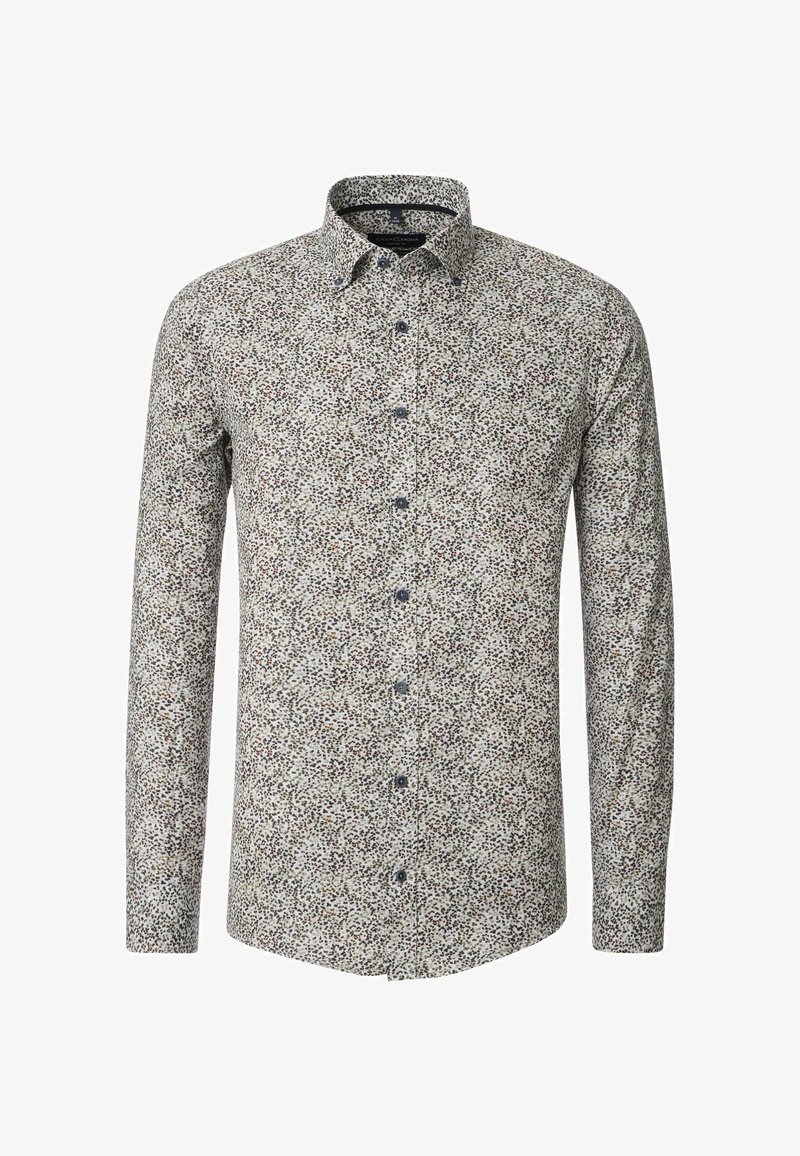 Long-sleeve button-up shirt in a white fabric with a multicolored floral pattern. Features a spread collar and blue buttons.