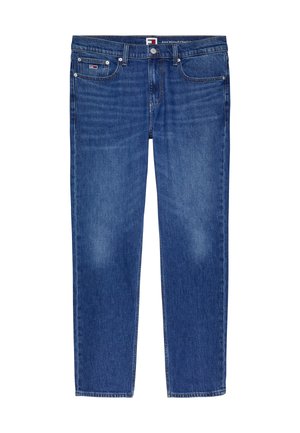 Blauwe denim jeans met een rechte pasvorm. Standaard vijf-pocket ontwerp, knoop- en ritssluiting, vervaagde gebieden nabij de knieën, en stikselaccenten.