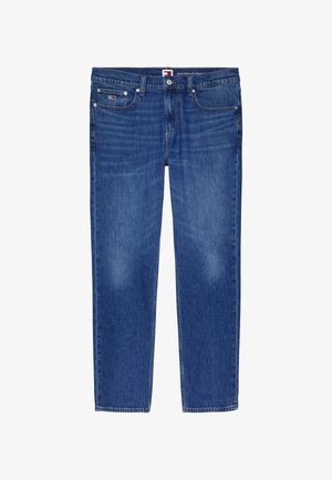 Modré džíny vyrobené z denimu so strihom rovného strihu. Štandardný dizajn s piatimi vreckami, zapínanie na gombík a zips, vyblednuté miesta pri kolenách a ozdobné švy.