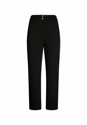 Black straight-leg pants made of stretch fabric, featuring two gold-tone buttons at the waistband and a smooth texture without patterns.