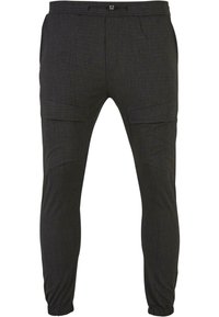 Dark grey trousers with a textured pattern, slim fit, elastic cuffs, and two front pockets. Features a waistband with a clasp closure.