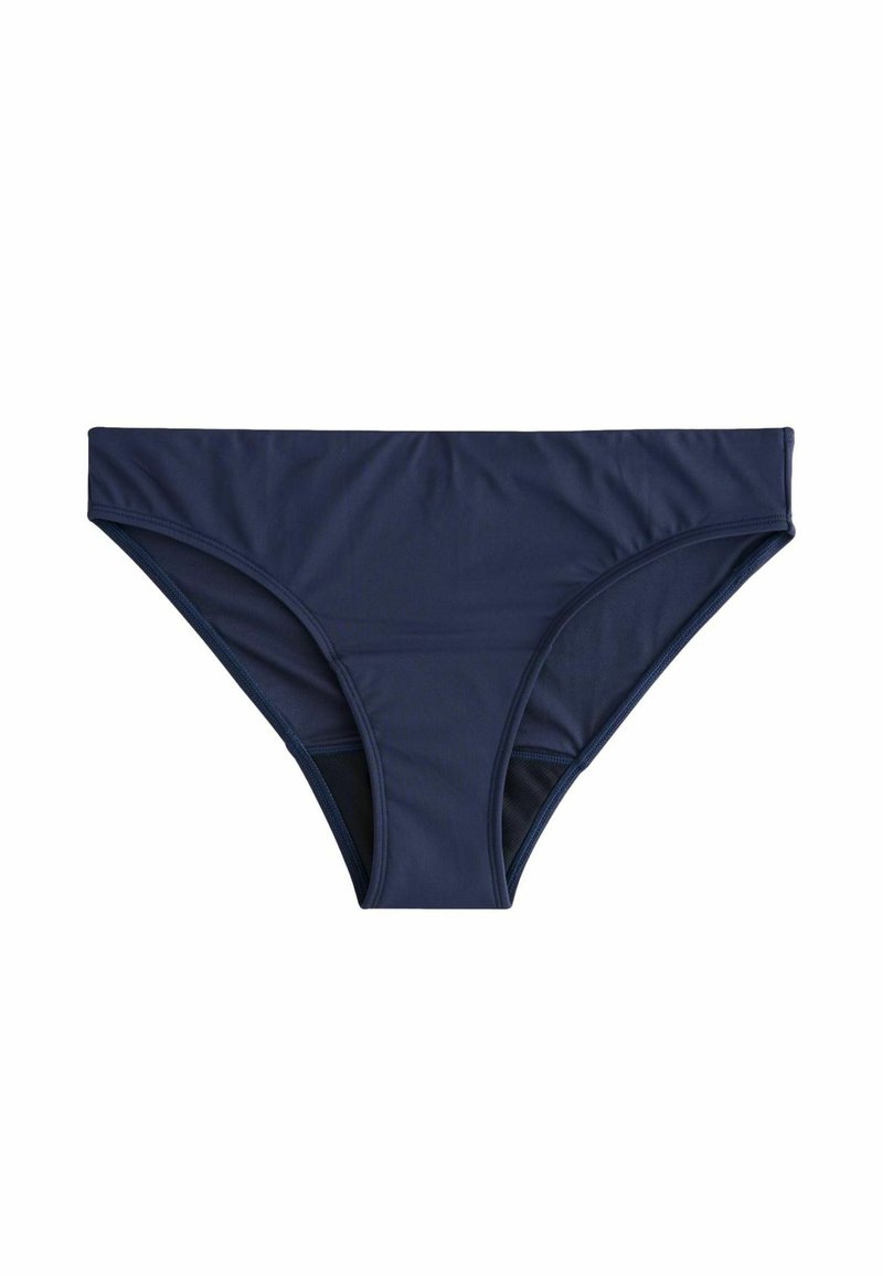Marineblå bikiniunderdel lavet af blødt, elastisk materiale. Har et lavt taljedesign med simple, rene linjer uden synlige mønstre eller hardware.