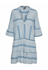 Sininen ja valkoinenraidallinen mekko, jossa on V-pääntie, lyhyet flare-hihat ja kerroksellinen röyhelöhäntä. Valmistettu pehmeästä kankaasta, jossa on rento istuvuus.