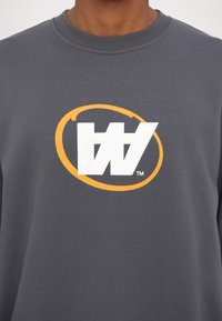 Grijze sweatshirt van katoen, met een groot wit grafisch logo en een oranje ronde rand. Klassiek ontwerp met ronde hals.