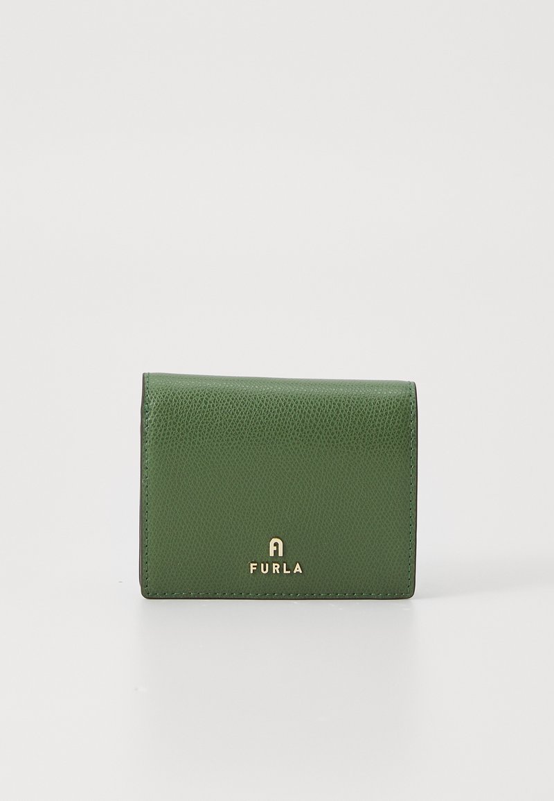 Green textured leather wallet with a folded design, featuring a gold logo at the bottom front. Compact and rectangular shape.