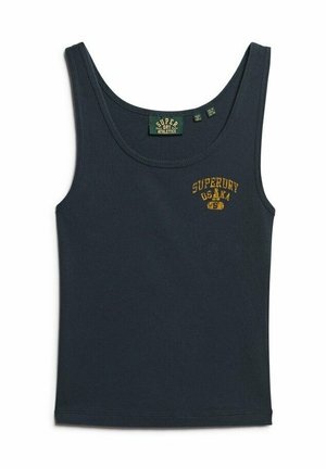 Camiseta sin mangas de algodón azul marino con textura acanalada, con escote redondo y un logo naranja de Superdry USA en el pecho.