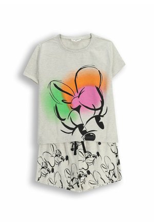 Jasnoszara koszula z krótkim rękawem i spodenki z czarnymi wzorami kokardki Minnie Mouse, koszula z dużym różowym, pomarańczowym i zielonym nadrukiem kokardy.