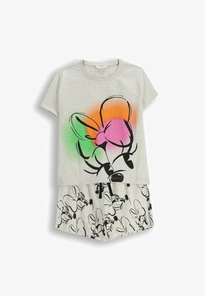 Jasnoszara koszula z krótkim rękawem i spodenki z czarnymi wzorami kokardki Minnie Mouse, koszula z dużym różowym, pomarańczowym i zielonym nadrukiem kokardy.