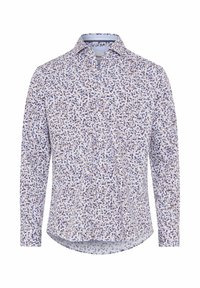 Langärmeliges Hemd in Hellblau mit einem Blumenmuster in Lila und Braun. Verfügt über einen Kragen und eine Knopfleiste vorne. Hergestellt aus weichem Stoff.