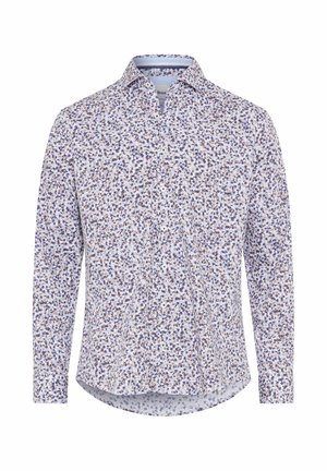 Langærmet skjorte i lyseblå med et blomsterprint i lilla og brunt. Har krave og knapper foran. Fremstillet i blødt stof.