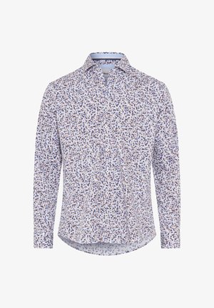 Lange mouw blouse in lichtblauw met een bloemmotief in paars en bruin. Voorzien van een kraag en knoopsluiting aan de voorkant. Gemaakt van zachte stof.
