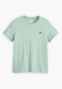 Tyrkysové tričko vyrobené z bavlny, s kulatým výstřihem, krátkými rukávy a malým červeným logem Levi's na levé části hrudi.