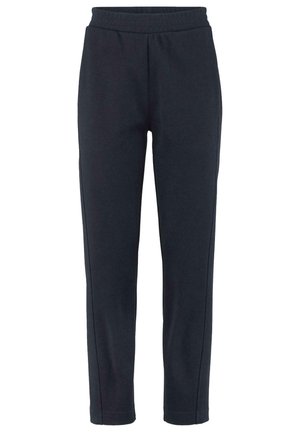 Navy sweatpants made of soft fabric with an elastic waistband and tapered legs; features side seams and a smooth, uniform texture.
