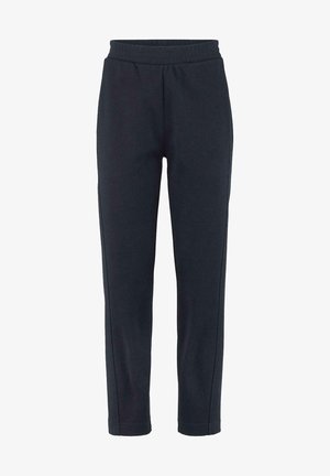 Granatowe dresy wykonane z miękkiej tkaniny, z elastycznym pasem i zwężanymi nogawkami; posiadają boczne szwy oraz gładką, jednolitą teksturę.