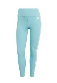 Svetlomodré legíny s vysokým pásom, s bielymi bočnými pruhmi a malým bielym logom Adidas na hornej ľavej stehne.