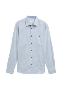 Lichtblauwe blouse met lange mouwen, een zak, knoopsluiting aan de voorkant en een textuurstof. Voorzien van bruine knopen en een klassiek kraagontwerp.