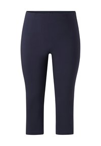 Leggings capri blu navy realizzati in materiale elastico, con una texture liscia e una silhouette aderente, dotati di un elastico in vita.