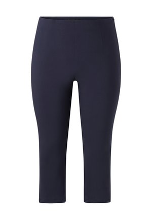 Granatowe legginsy capri wykonane z elastycznego materiału, charakteryzujące się gładką teksturą i dopasowanym krojem z elastycznym pasem.