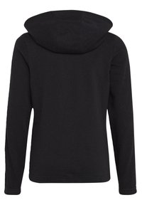Černá mikina s kapucí, dlouhými rukávy a jednoduchým designem. Vyrobena z měkké látky s hladkou texturou a bez viditelných vzorů.