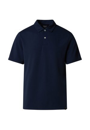 Polo a maniche corte blu navy con due bottoni frontali e colletto classico, mostrata su sfondo bianco.