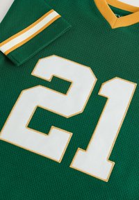 Groene mesh jersey met een v-hals en korte mouwen, voorzien van gouden en witte strepen. Groot wit nummer 21 omlijnd in goud.