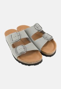 Gray leather sandals with two adjustable buckle straps, light brown cork footbed, and textured black rubber sole.