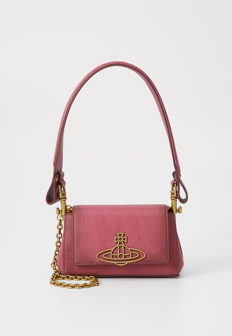 Pink leather handbag with a gold chain strap, structured design, featuring a prominent gold logo accent on the front.