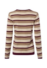 Langärmliger Strickpullover mit horizontalen Streifen in Beige, Braun und Dunkelrot, von hinten vor weißem Hintergrund gezeigt.