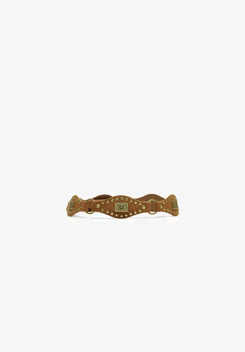 Brown leather belt with gold studs and rectangular metal eye-shaped decorations, curved design, displayed against white background.