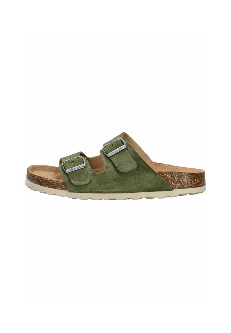 Infradito verde in suede con due cinturini regolabili e fibbie in tonalità argento. Sottopiede in sughero e suola in gomma testurizzata per una buona presa.