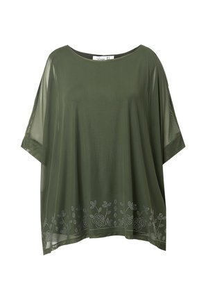 Olivgroene, doorschijnende top met oversized vleermuismouwen. Heeft bloemrijke borduursels langs de zoom. Ronde halslijn en losse pasvorm.